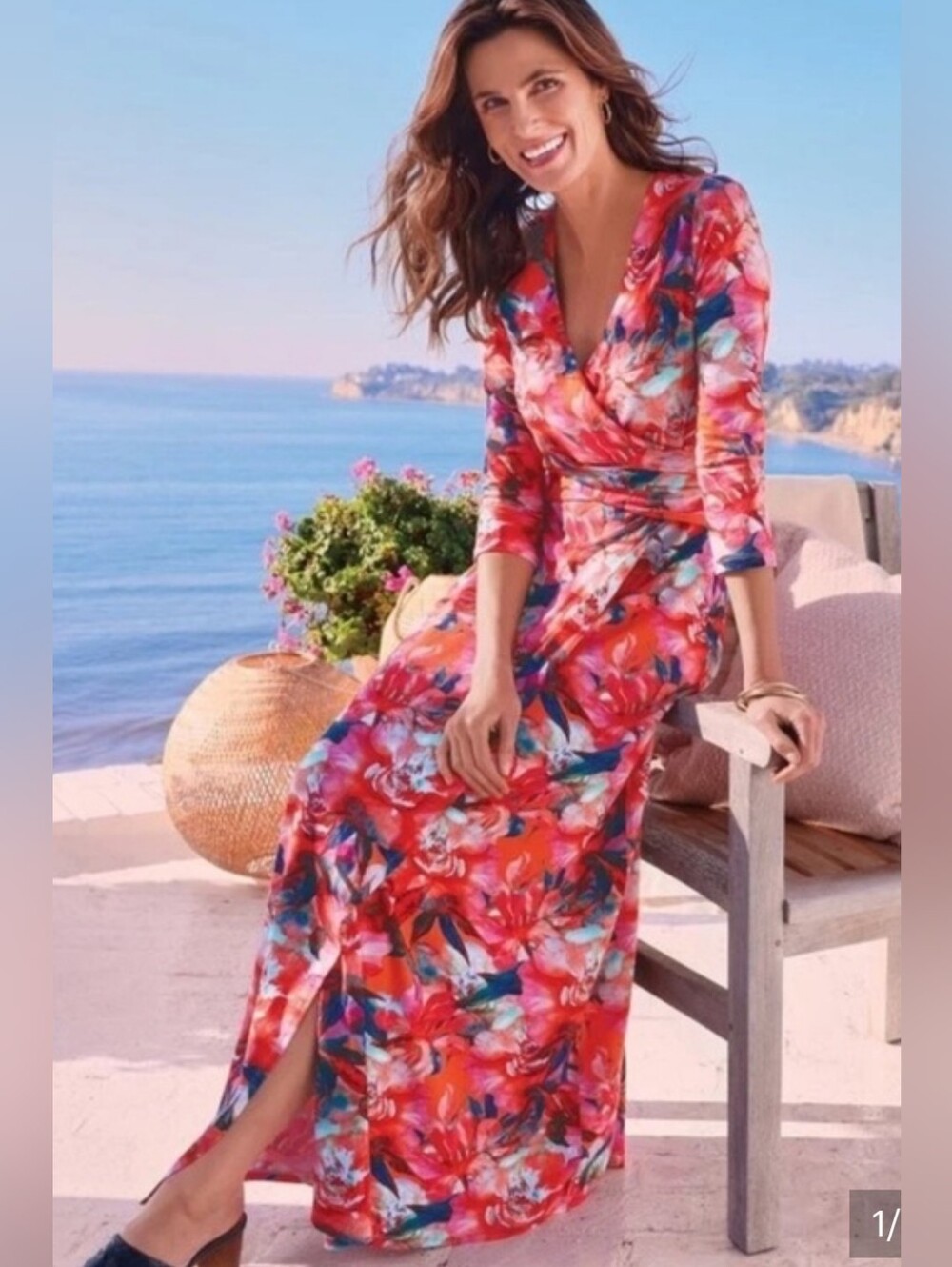 Soft Surroundings Le Jardin Floral Print Faux Wrap Jersey Maxi Dress